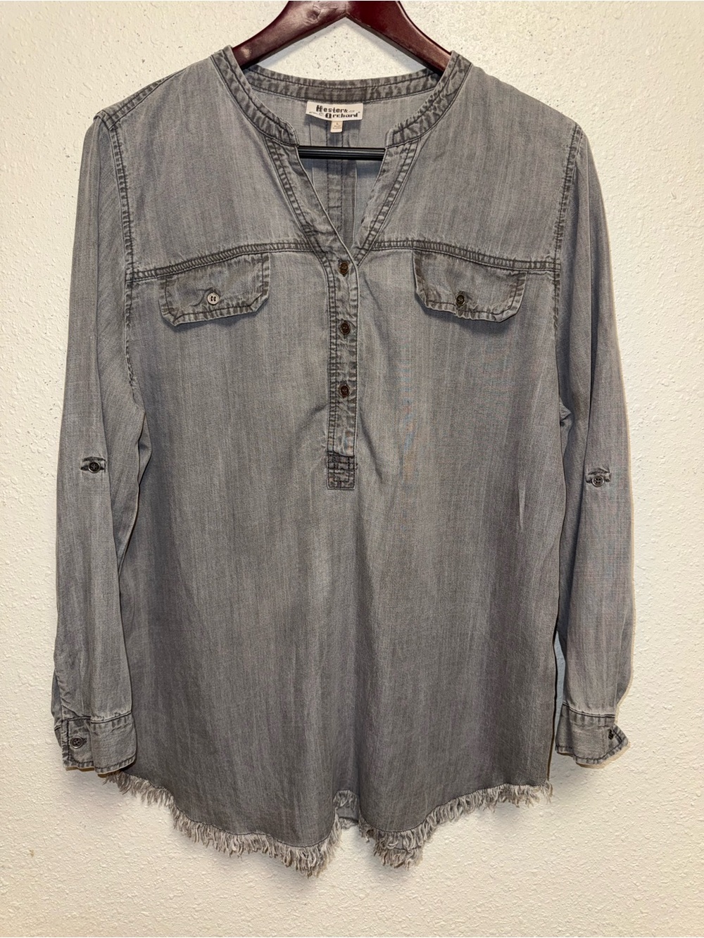 Washed Gray Henley Tunic with Frayed Hem